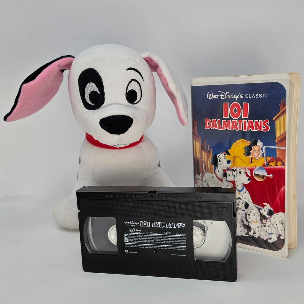 Disney 101 Dalmatians VHS & Plush Set 12in Puppy Dog White Black Spots WORKS